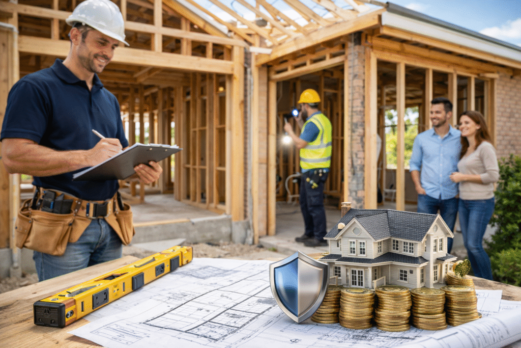Building & Pest Inspections: Safeguard Your Home Investment 1 Construction inspectors reviewing a partially built house with a model house on stacks of coins and blueprints, symbolizing safeguarding a home investment.