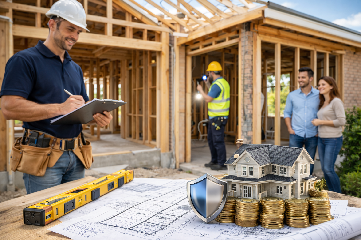 Construction inspectors reviewing a partially built house with a model house on stacks of coins and blueprints, symbolizing safeguarding a home investment.