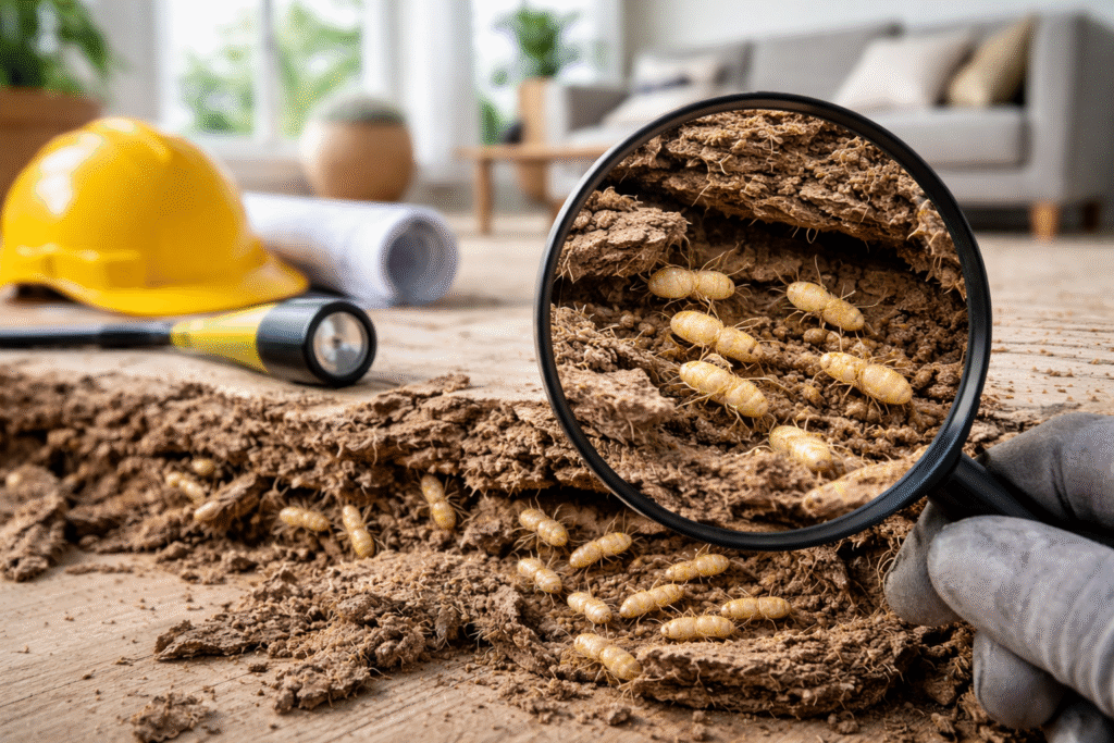 Close-up of termites damaging wooden flooring during a professional home inspection in an Australian house.