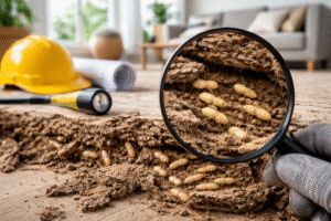 Blog 1 Close-up of termites damaging wooden flooring during a professional home inspection in an Australian house.