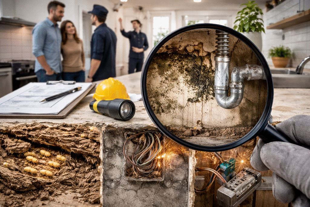 Close-up of hidden home defects including mold, water damage, rusted pipes, and electrical issues discovered during a property inspection.