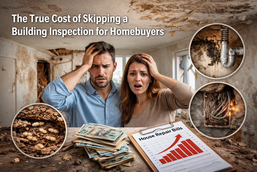 Distressed couple reviewing a house with visible structural damage, termite infestation, leaking pipes, and exposed wiring, highlighting risks of skipping a building inspection.