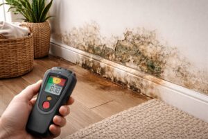 Moisture damage and mould growth detected along indoor wall base during building inspection