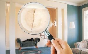 Building inspector checking structural wall crack inside residential home during inspection