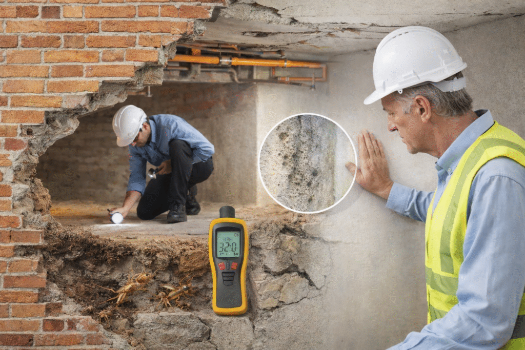 Expert analyzing building structure and hidden construction details