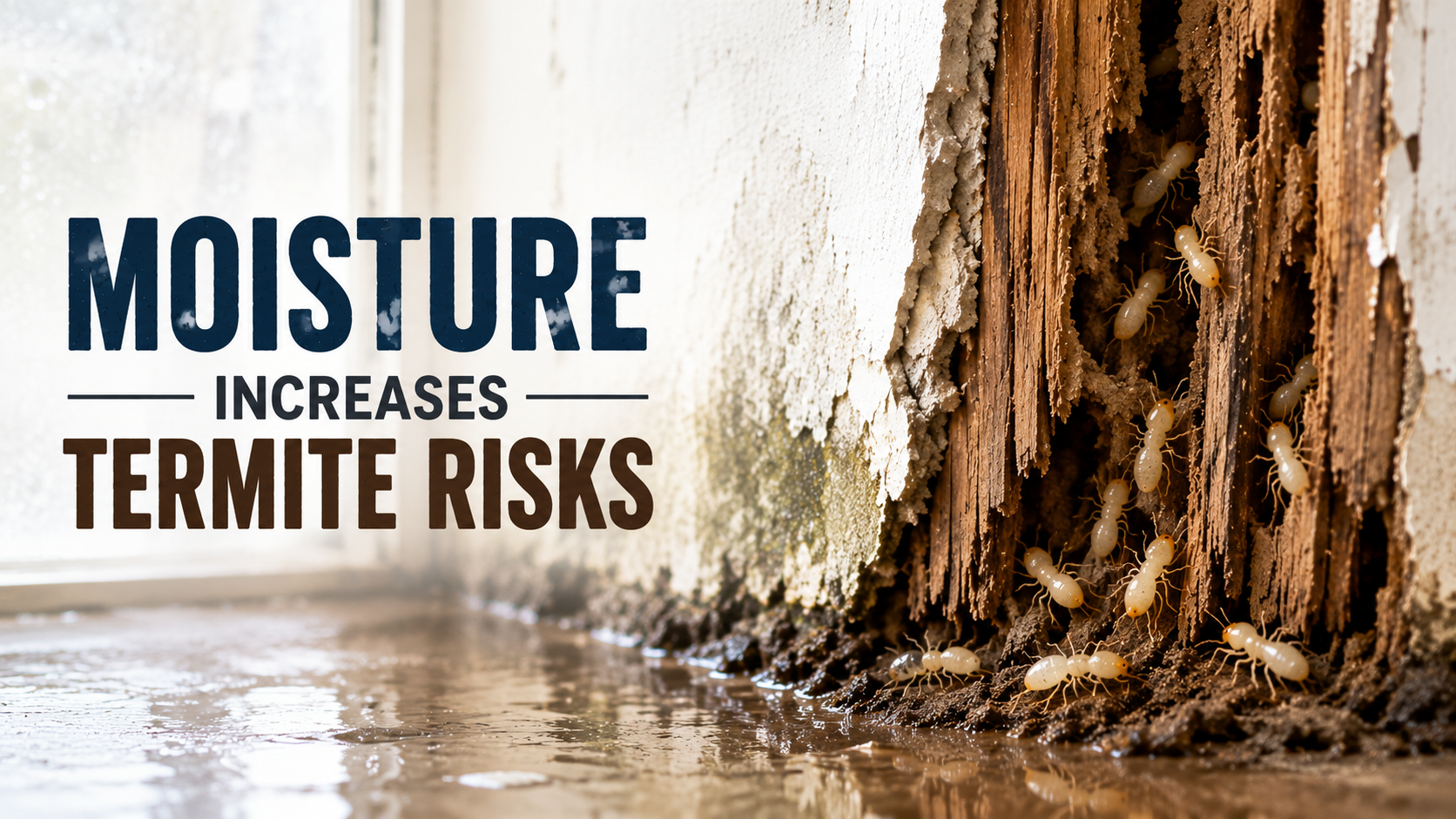Moisture-damaged wooden wall with visible termites and water leakage highlighting increased termite risks in properties.