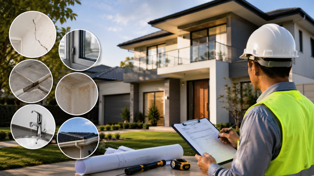 Building inspector examining common construction defects during a new home handover inspection before property settlement.