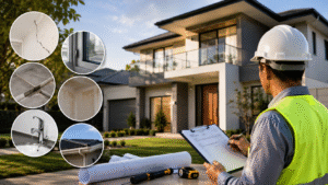 Blog 1 Building inspector examining common construction defects during a new home handover inspection before property settlement.