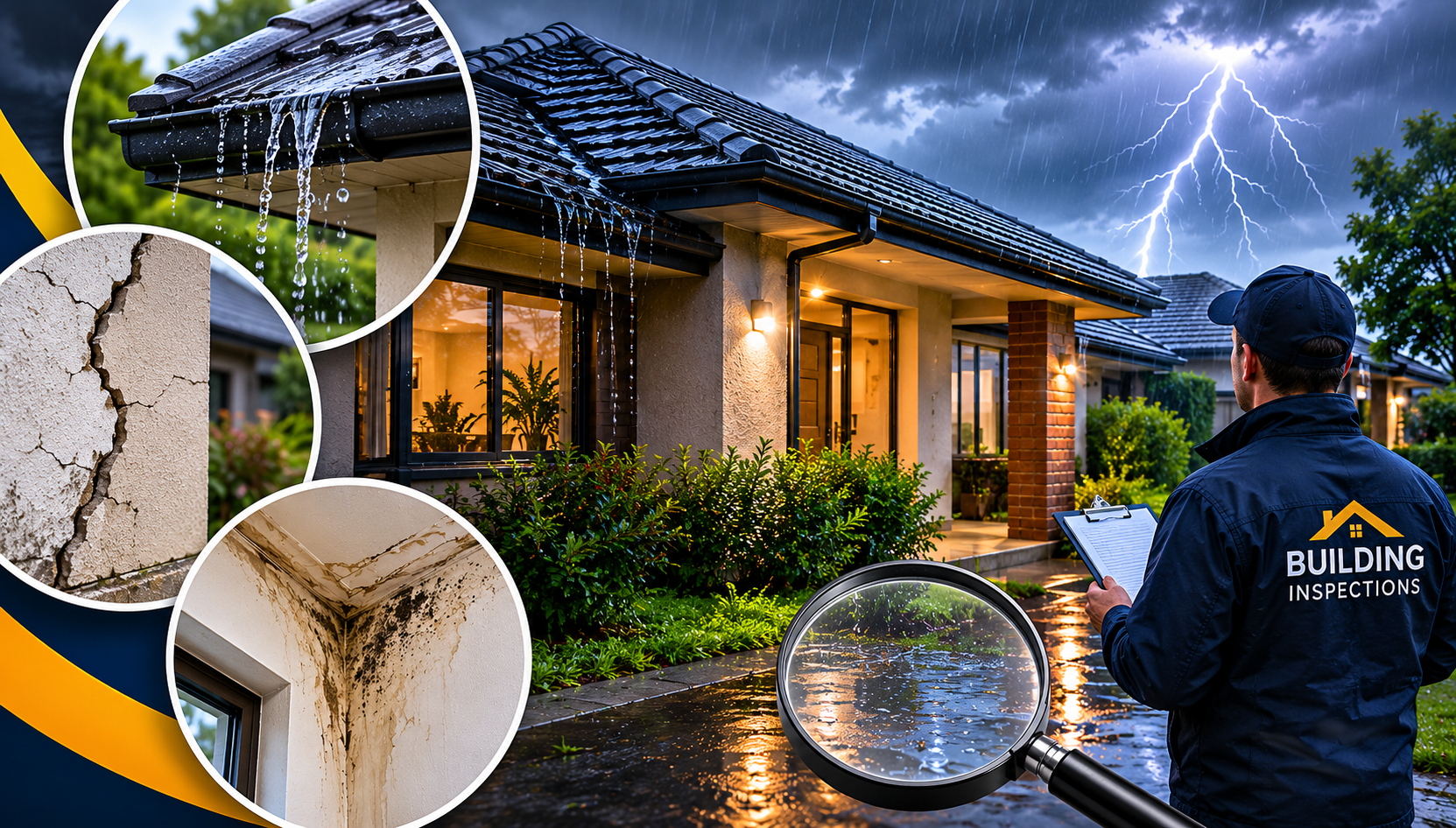 Building inspector assessing weather-related defects and property damage caused by extreme weather conditions in Australia.