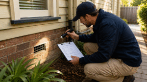 Blog 2 Home inspector examining the foundation and exterior of an older house during a pre-purchase building inspection