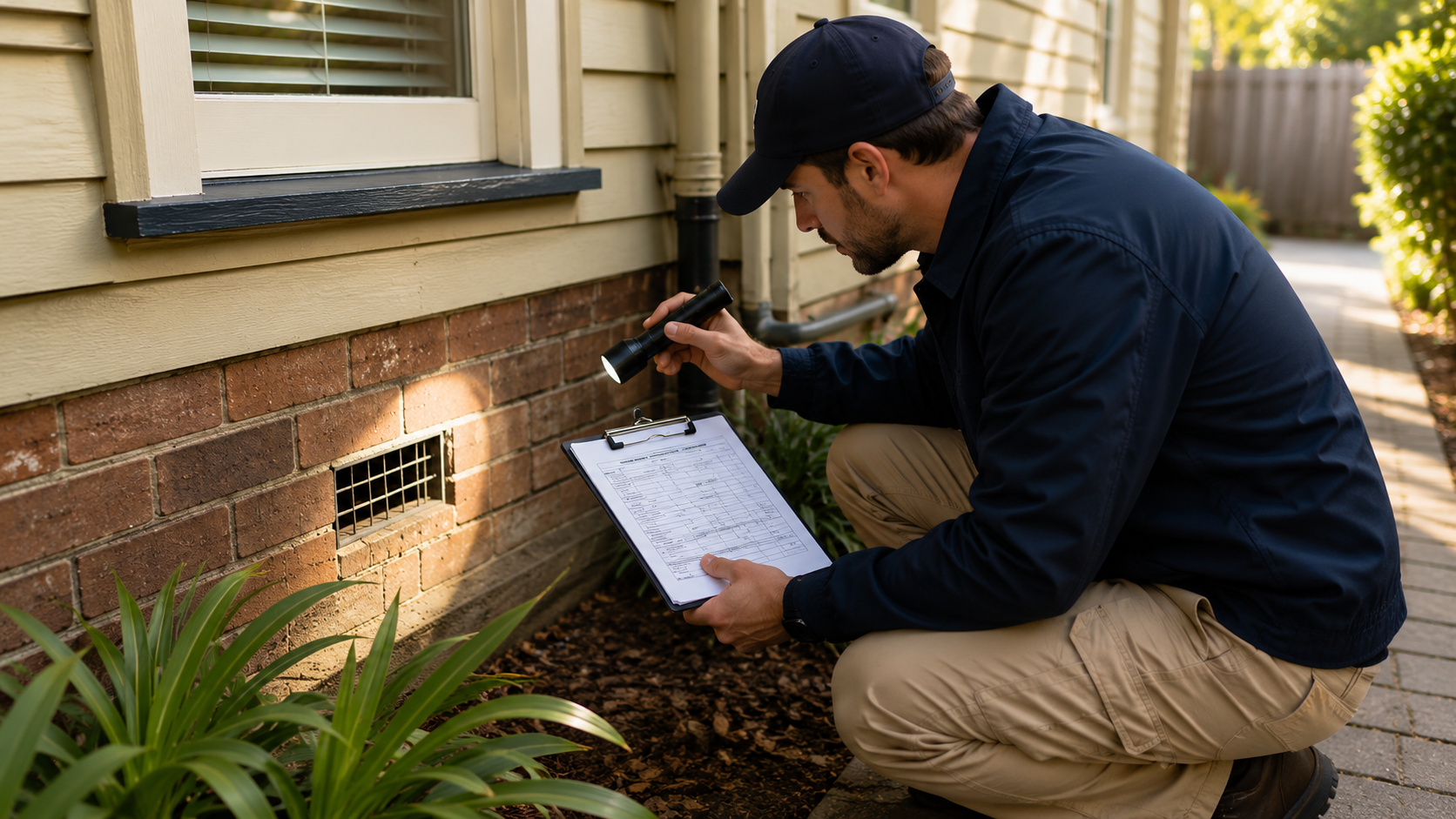 Home inspector examining the foundation and exterior of an older house during a pre-purchase building inspection