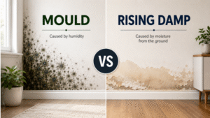 Blog 1 Mould vs rising damp in a home wall showing the key differences and signs of moisture damage